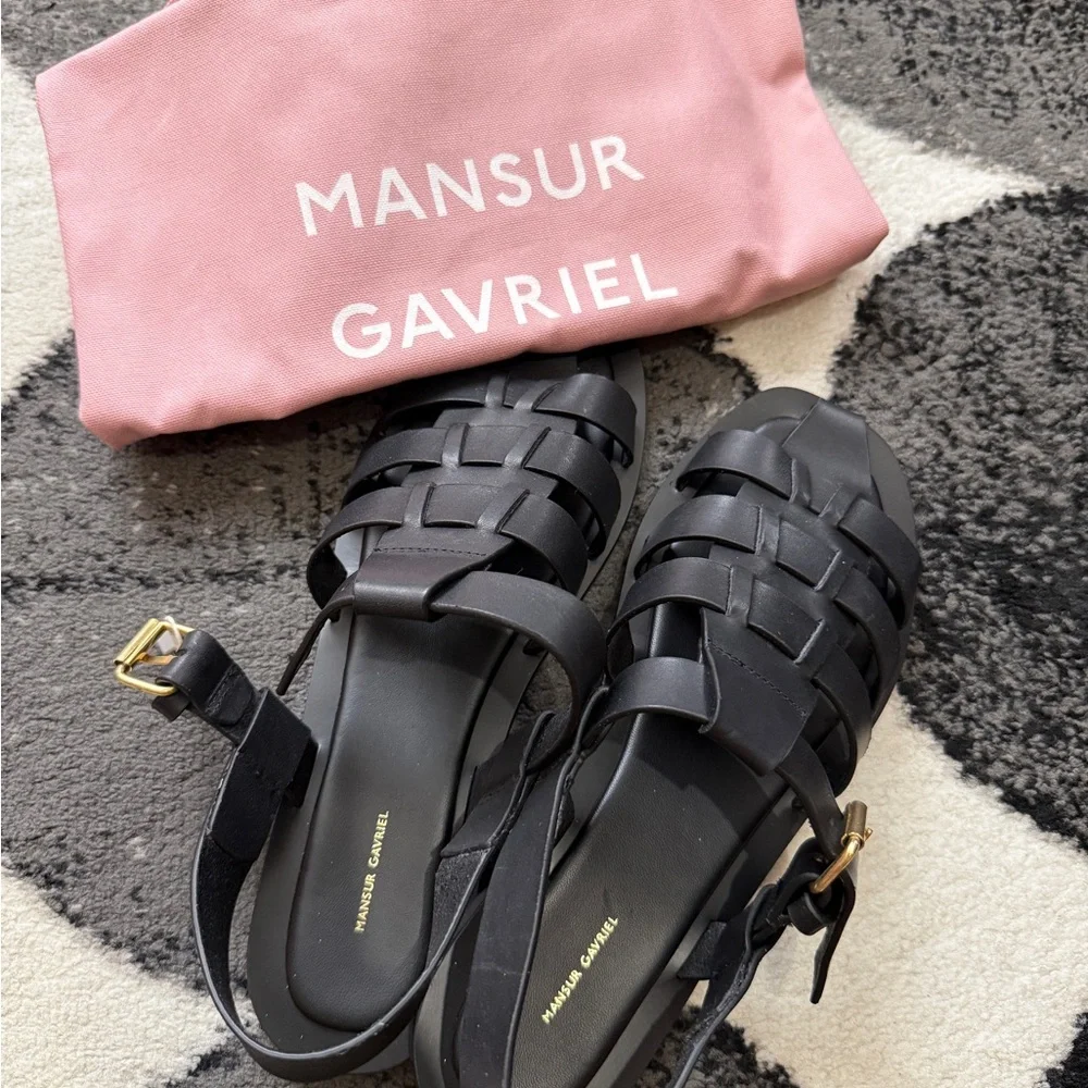 Mansur Gavriel Fisherman Sandals - Black Leather Sandals with Gold Buckle - Picture 3 of 11